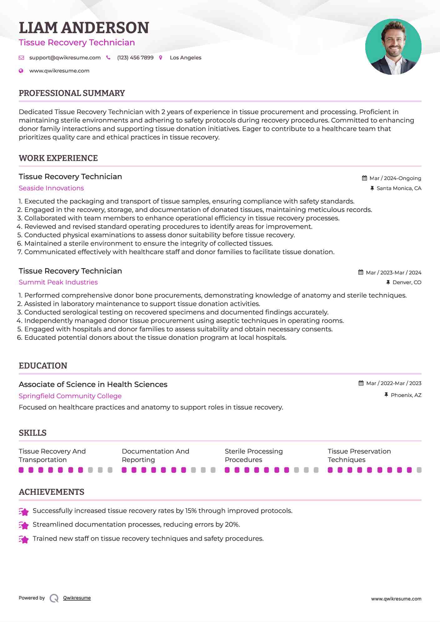 Tissue Recovery Technician Resume Example