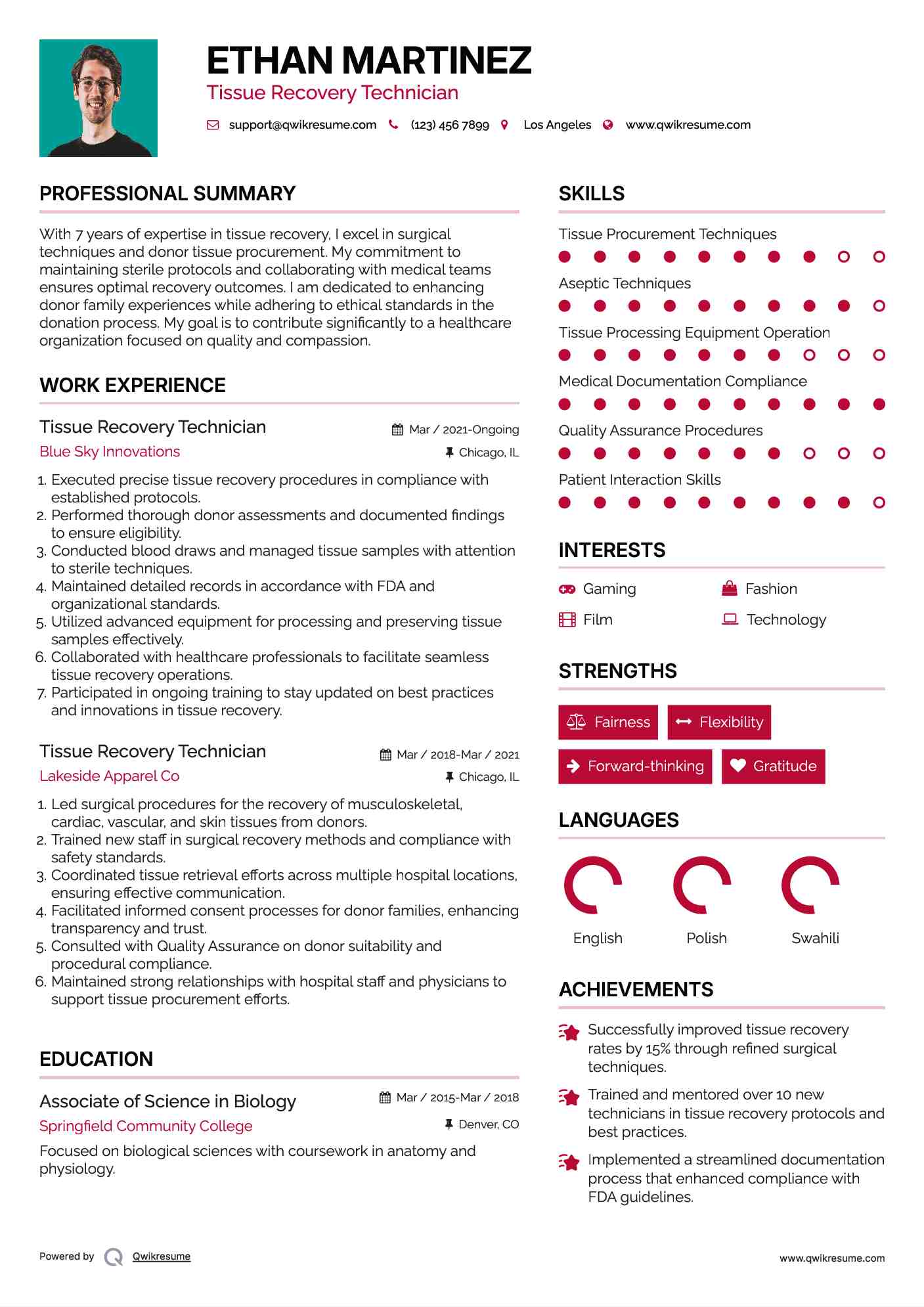 Tissue Recovery Technician Resume Model