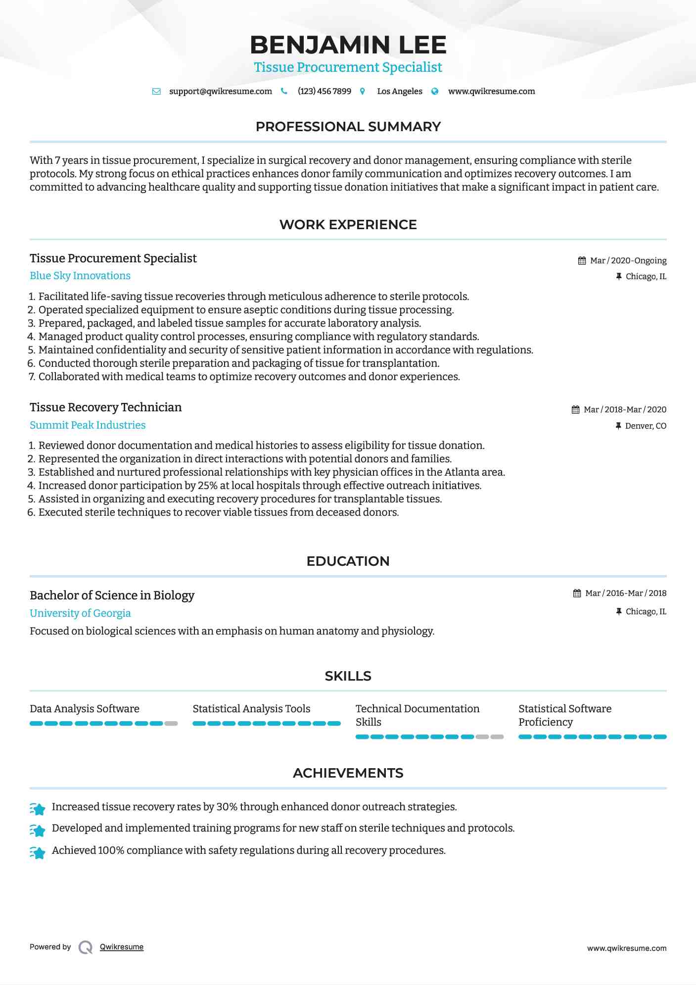 Tissue Procurement Specialist Resume Model
