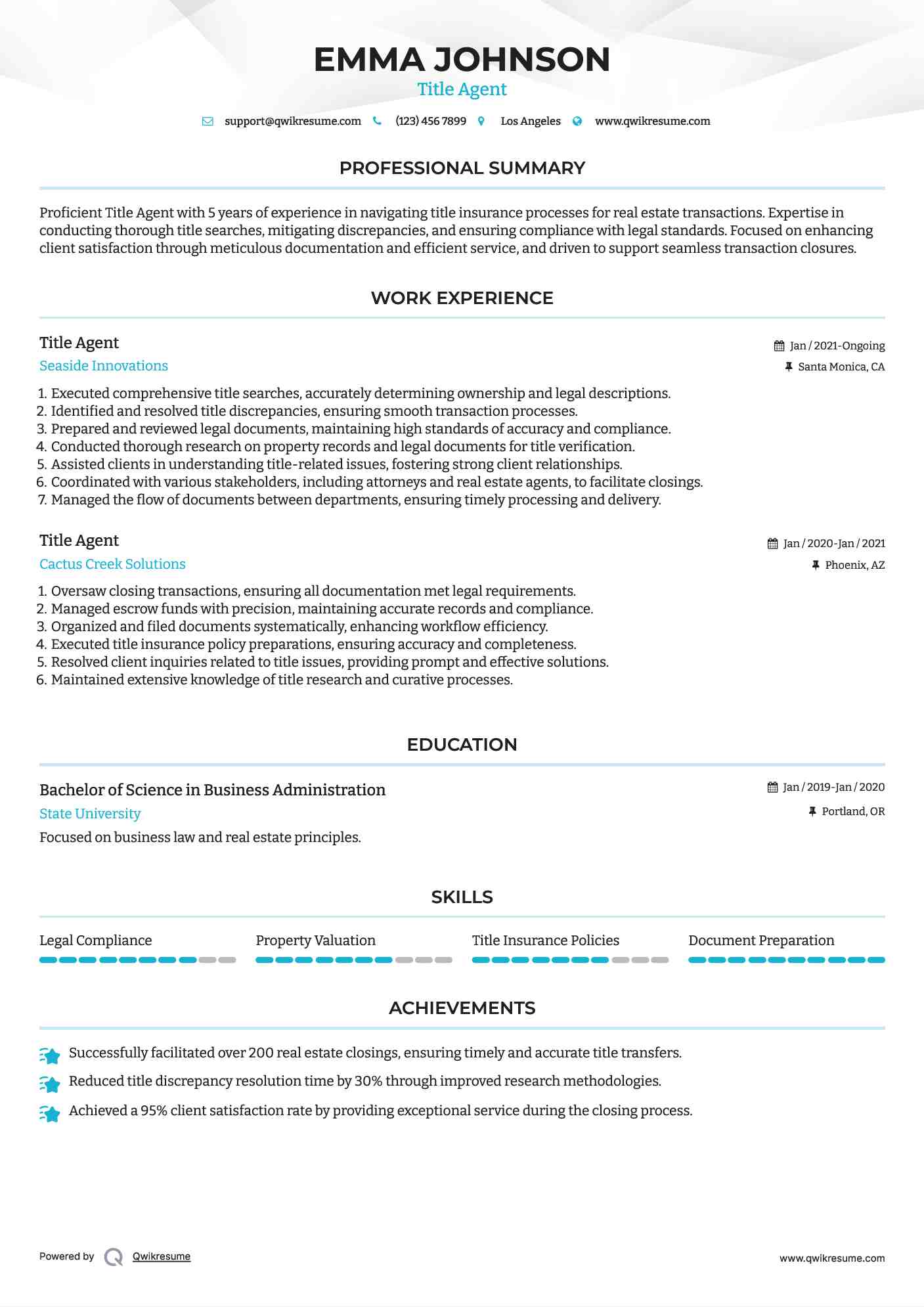 Title Agent Resume Sample