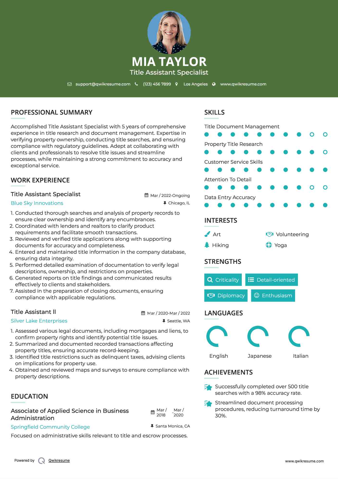Title Assistant Specialist Resume Model