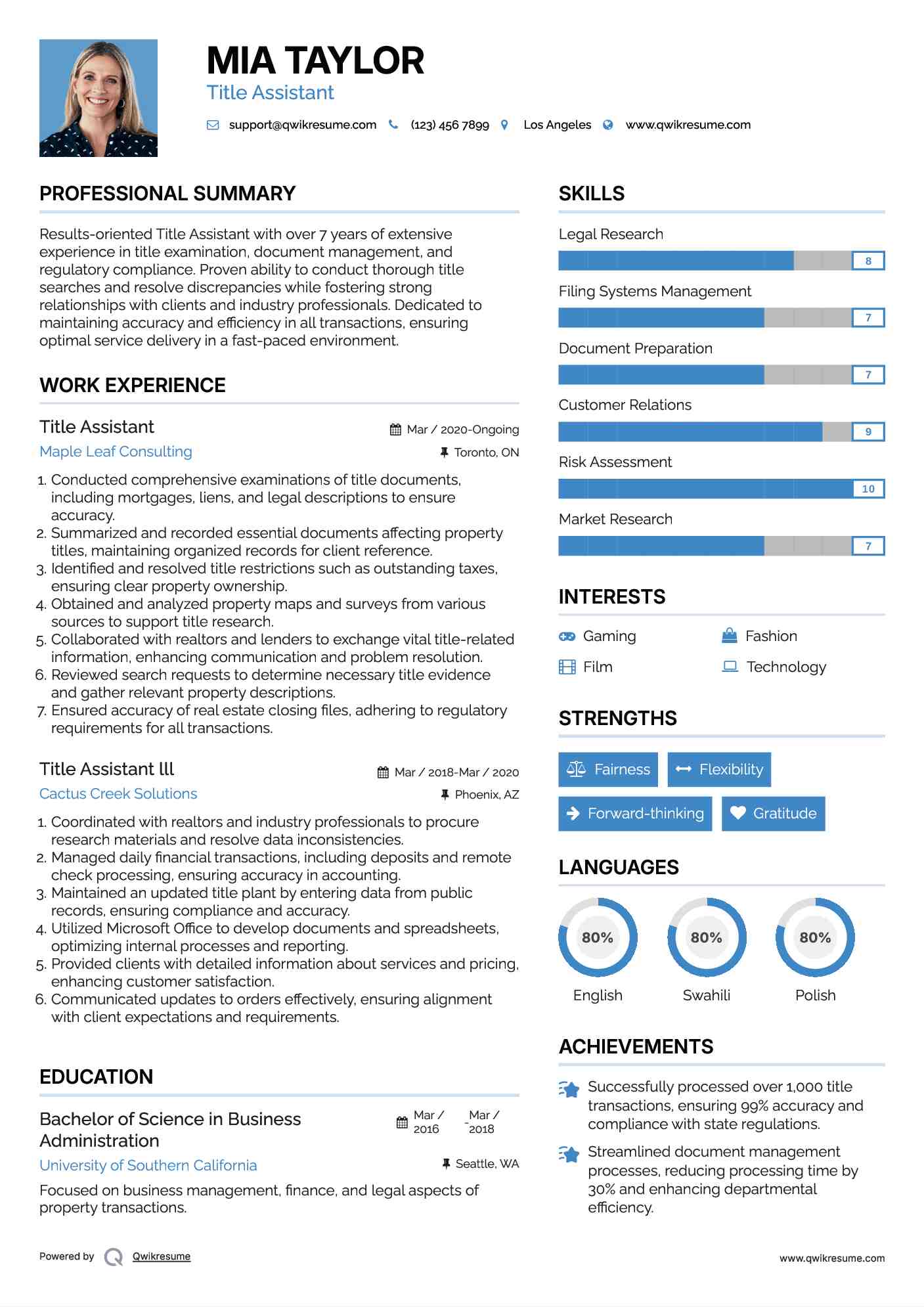 Title Assistant Resume Example