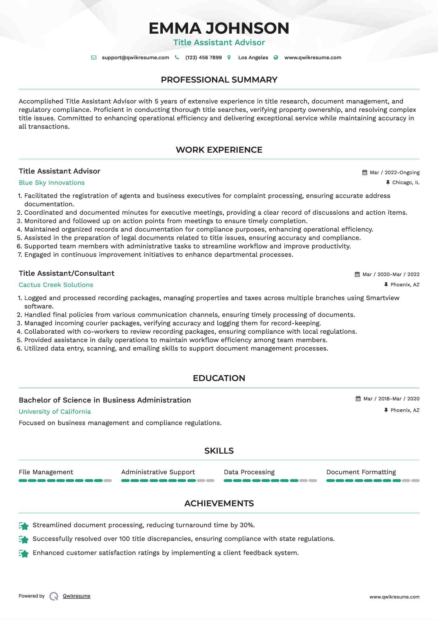 Title Assistant Advisor Resume Format