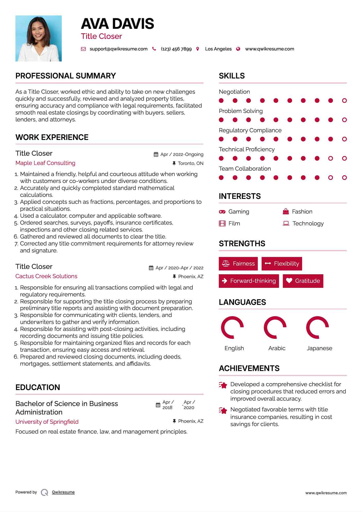 Title Closer Resume Example