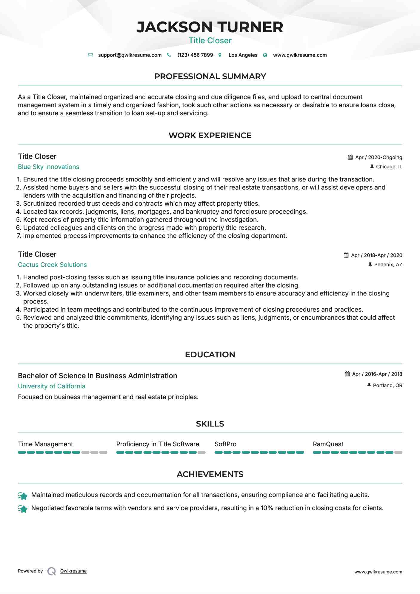 Title Closer Resume Example