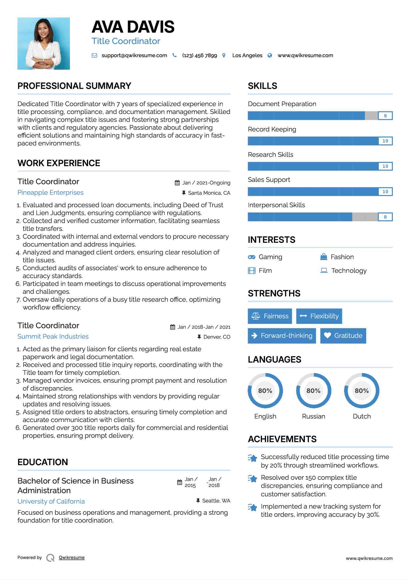 Title Coordinator Resume Model