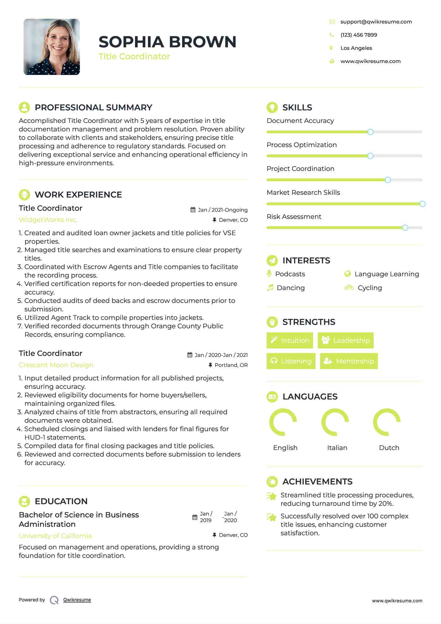 Title Coordinator Resume Template