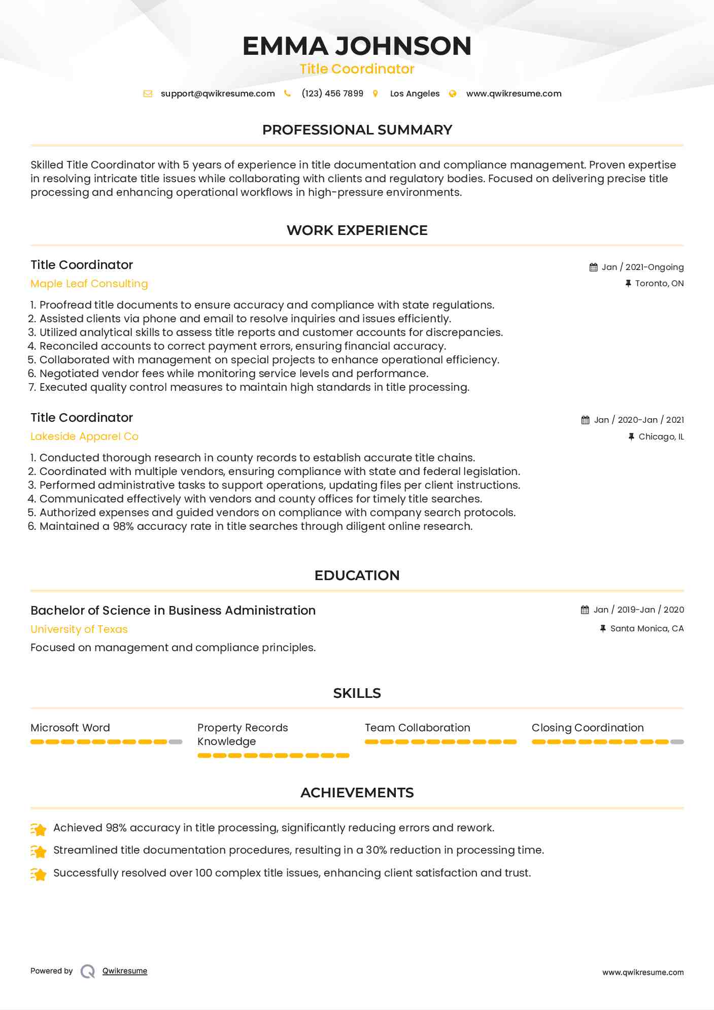 Title Coordinator Resume Format