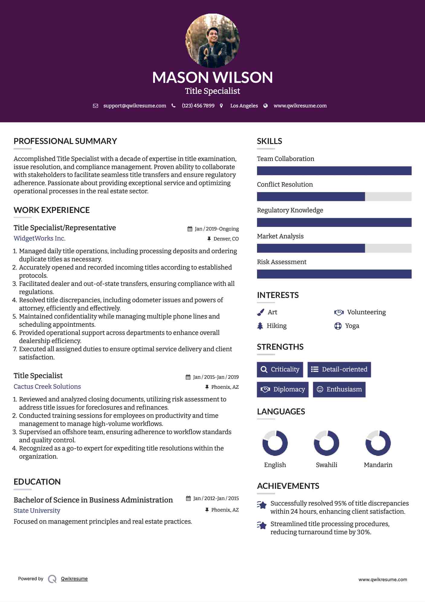 Title Specialist/Representative Resume Example
