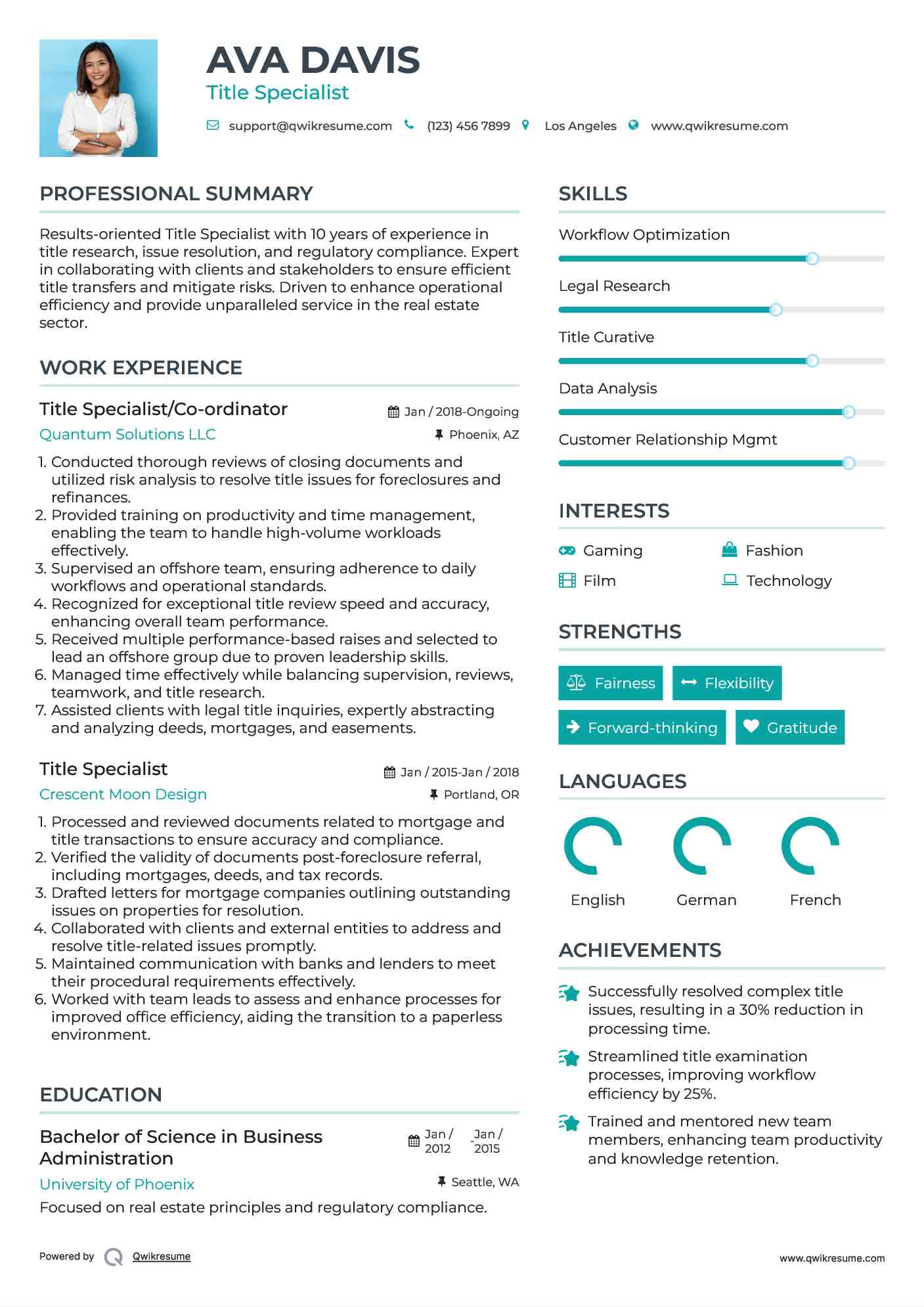 Title Specialist/Co-ordinator Resume Example