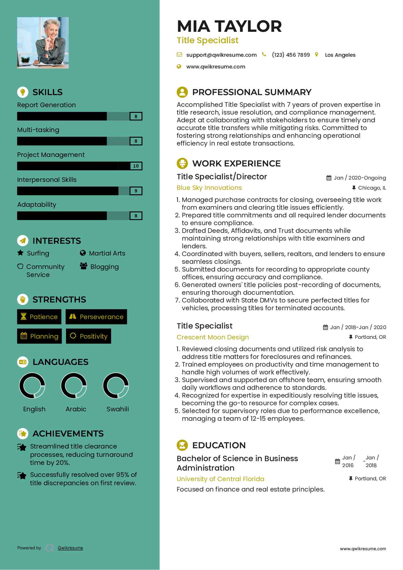 Title Specialist/Director Resume Sample