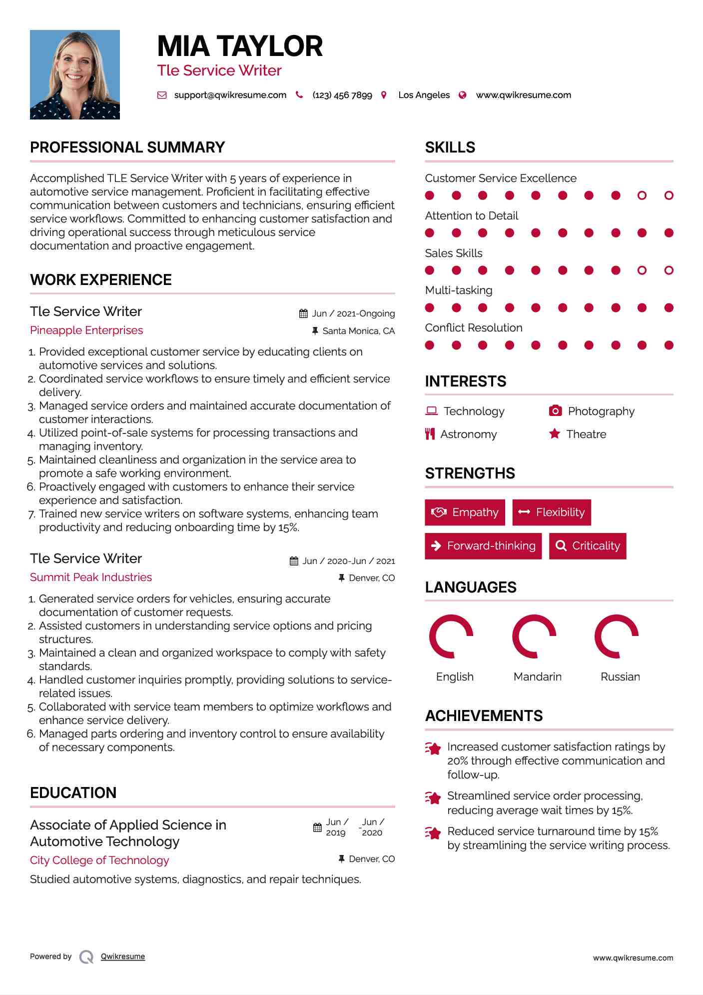 Tle Service Writer Resume Template