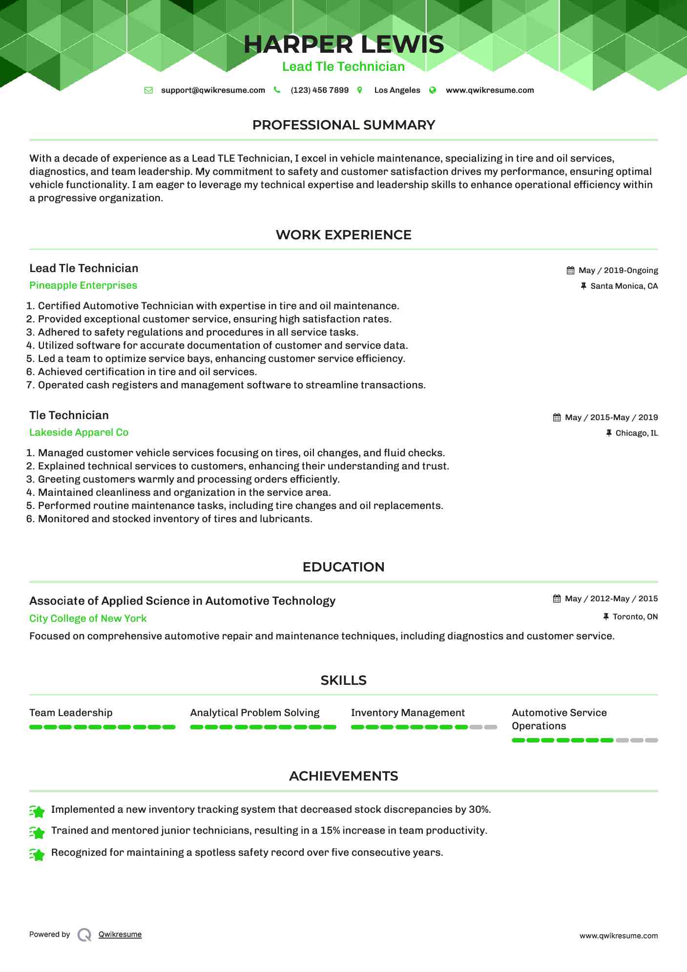 Lead Tle Technician Resume Template