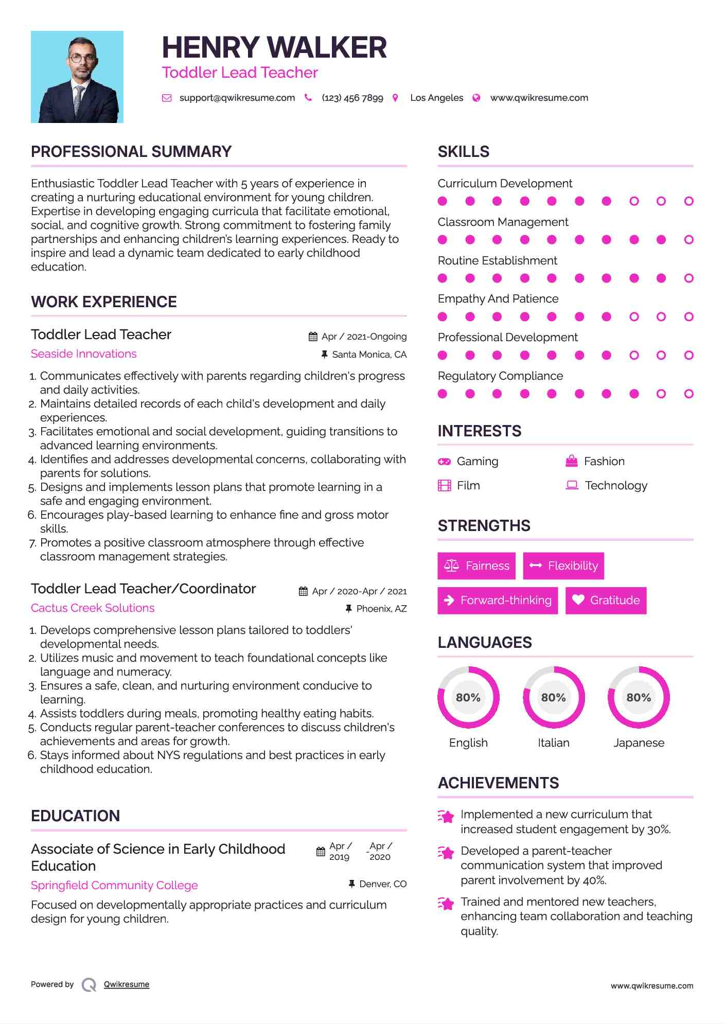 Toddler Lead Teacher Resume Sample
