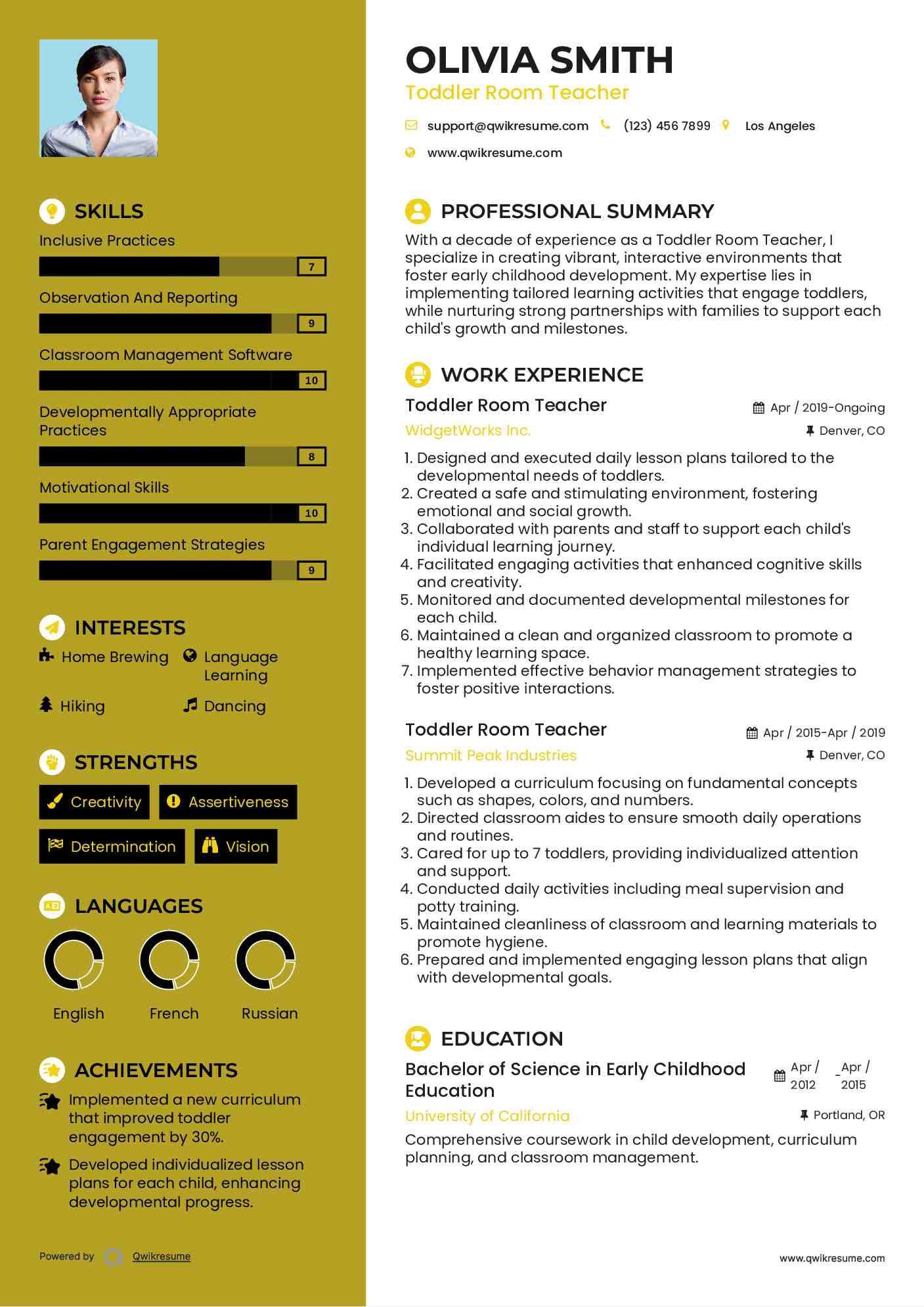 Toddler Room Teacher Resume Example