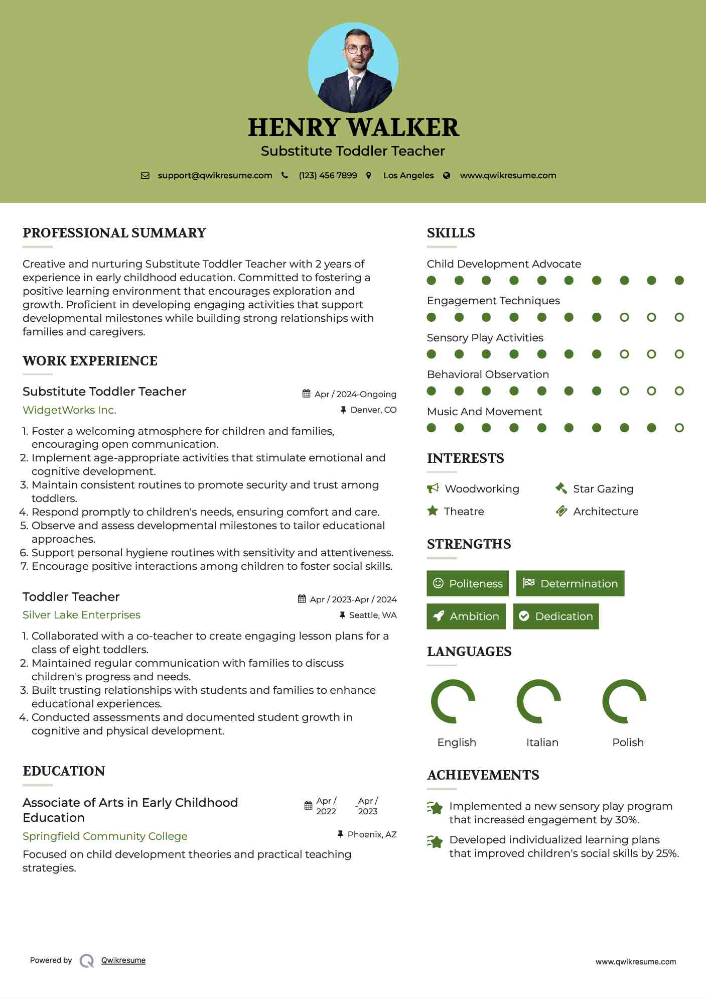 Substitute Toddler Teacher Resume Example