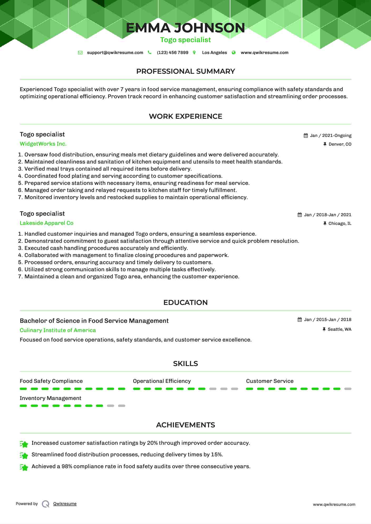 Togo specialist Resume Sample