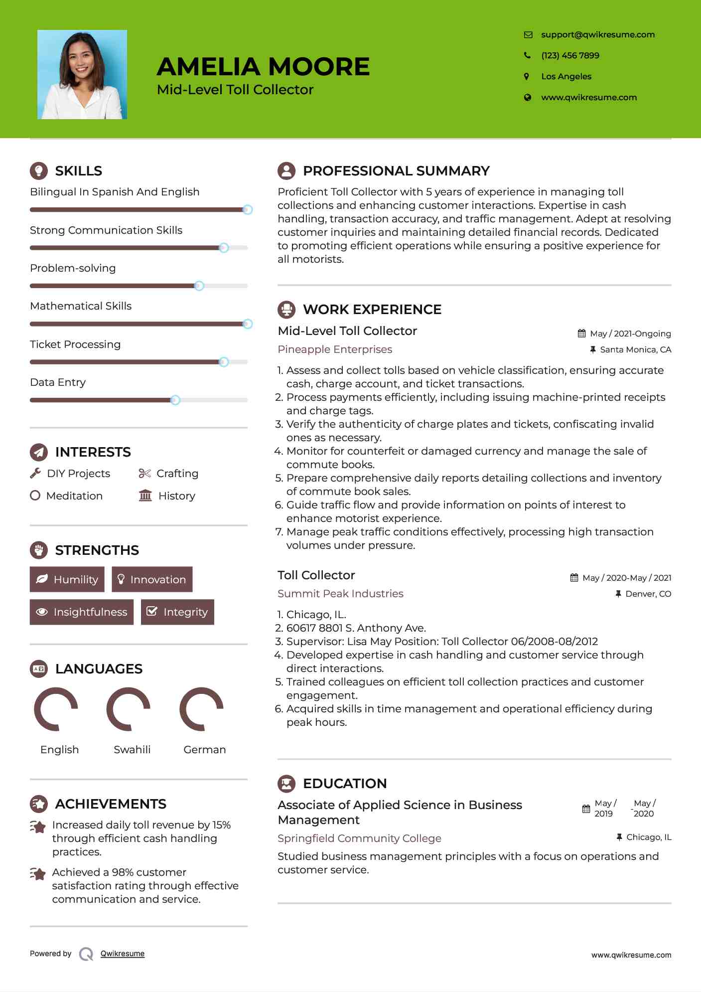 Mid-Level Toll Collector Resume Template