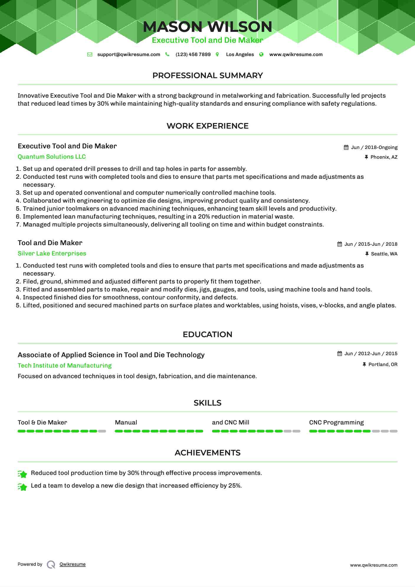 Executive Tool and Die Maker Resume Example
