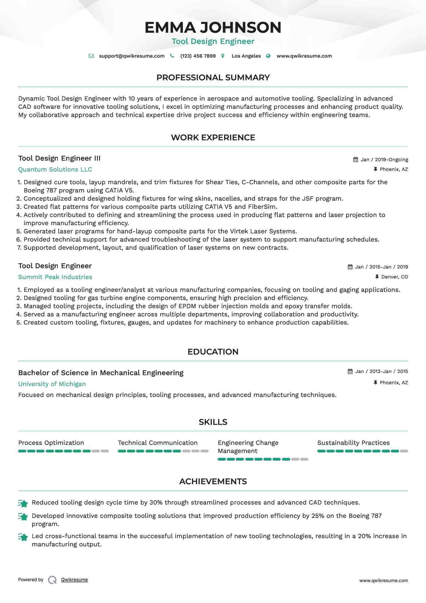 Tool Design Engineer III Resume Template