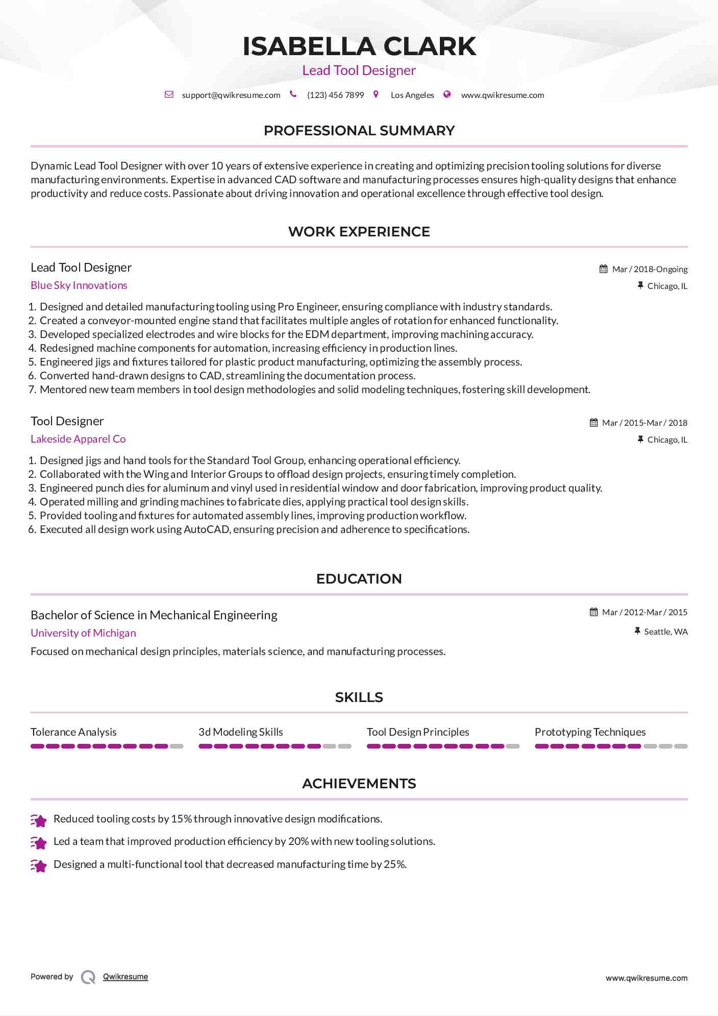 Lead Tool Designer Resume Model