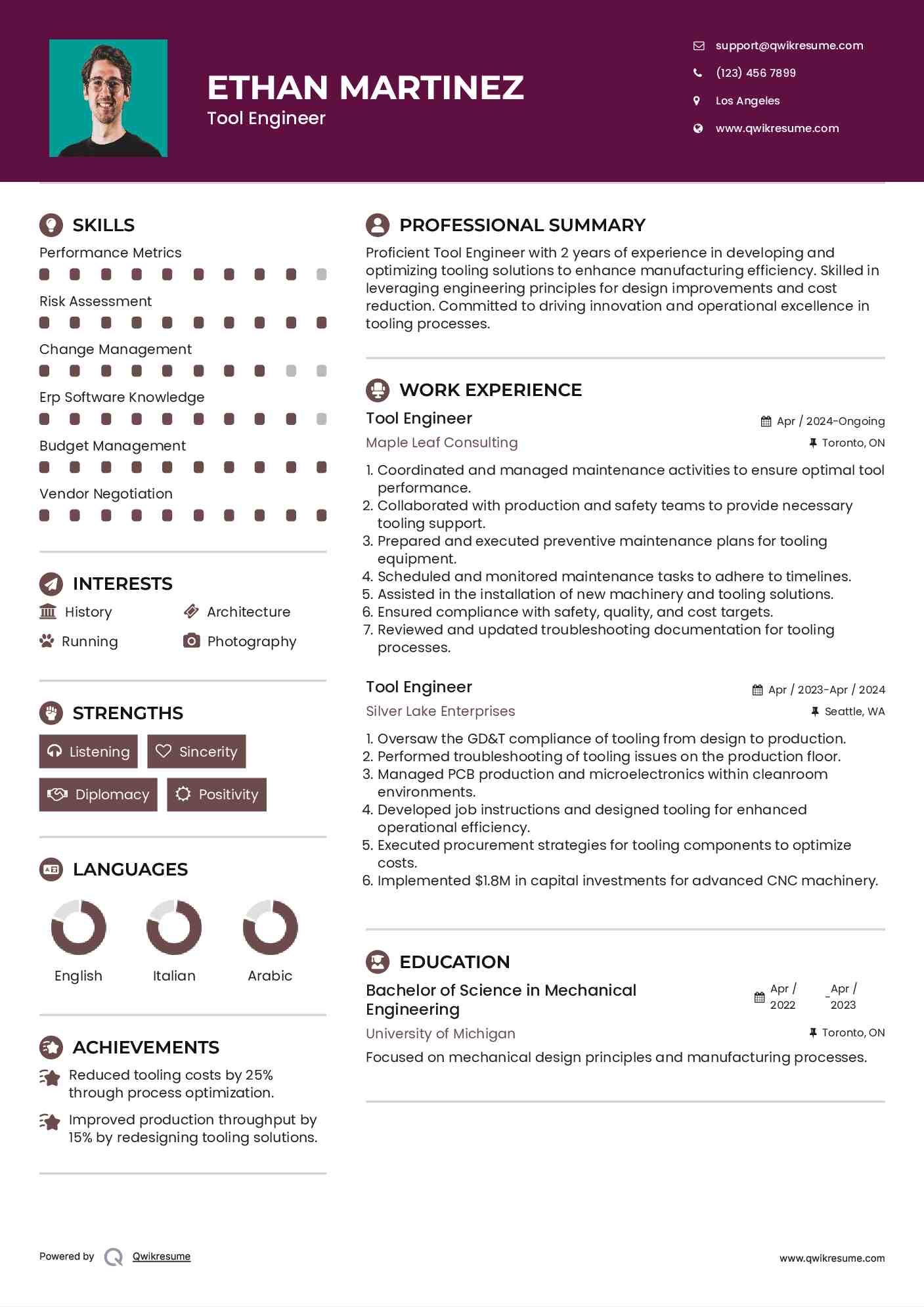 Tool Engineer Resume Example