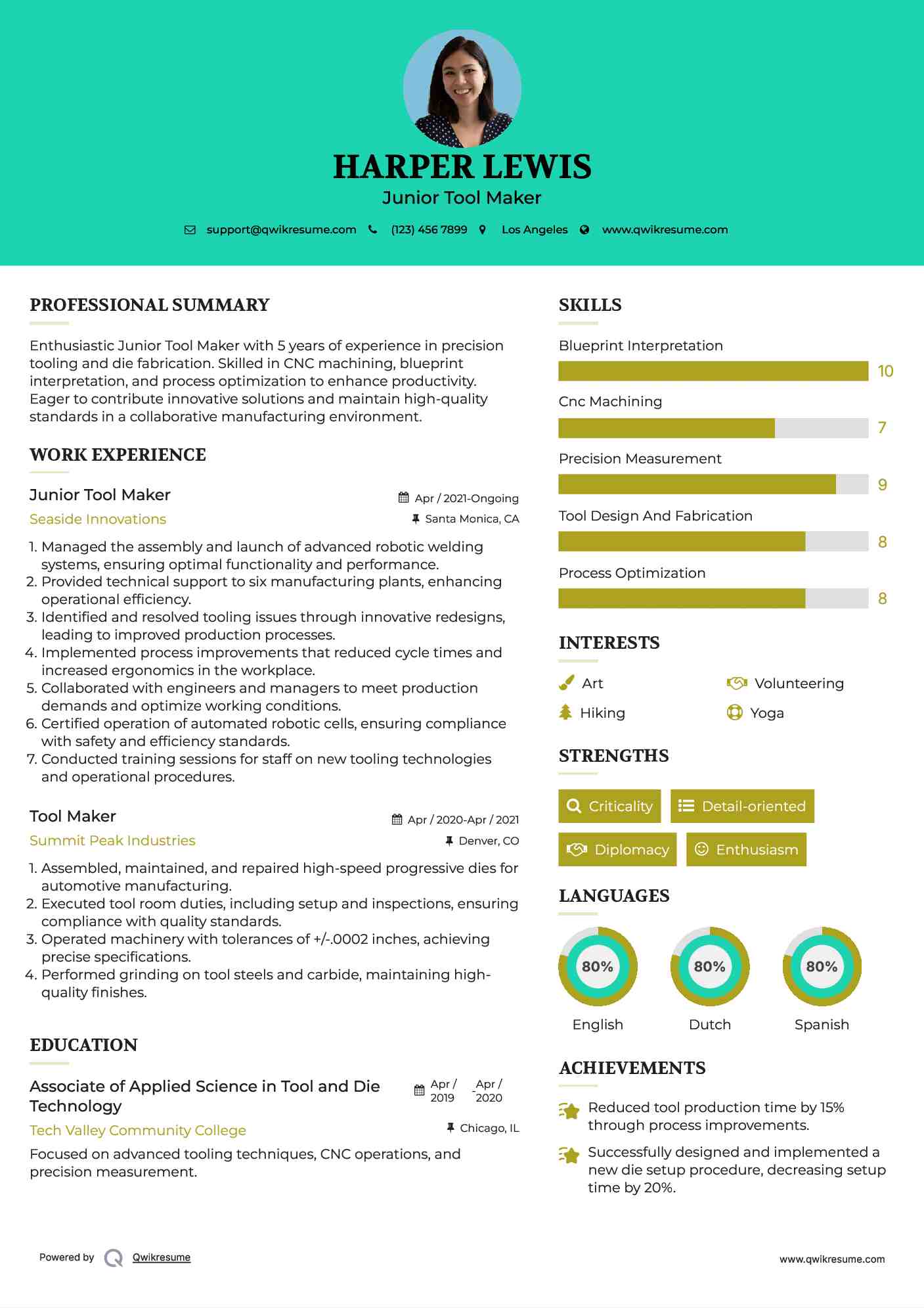 Junior Tool Maker Resume Sample