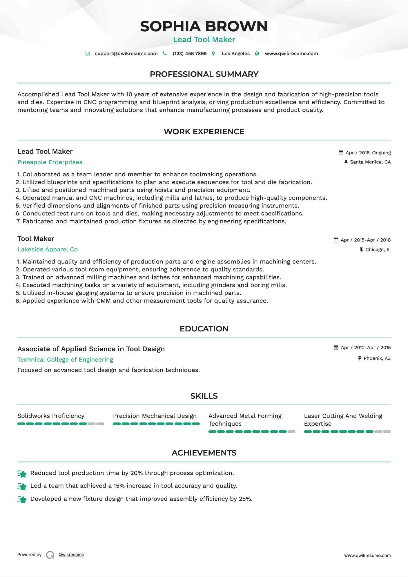 Lead Tool Maker Resume Sample