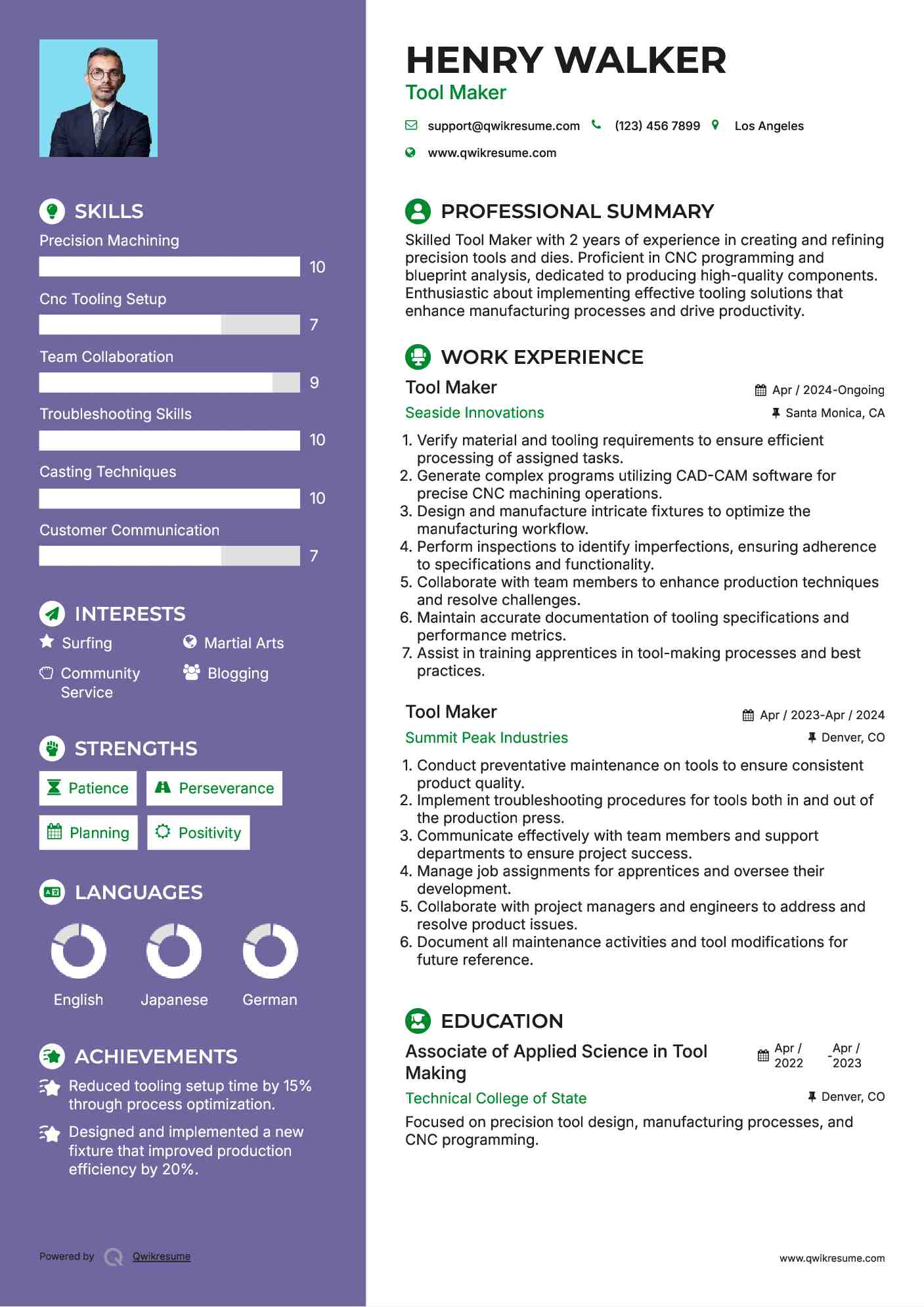 Tool Maker Resume Example