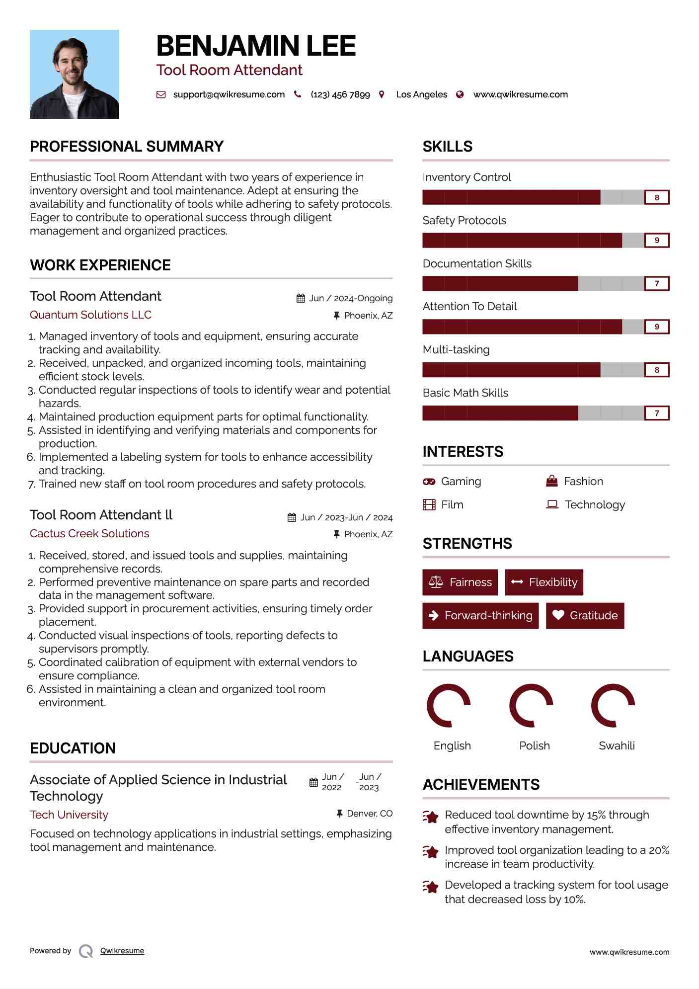 Tool Room Attendant Resume Example