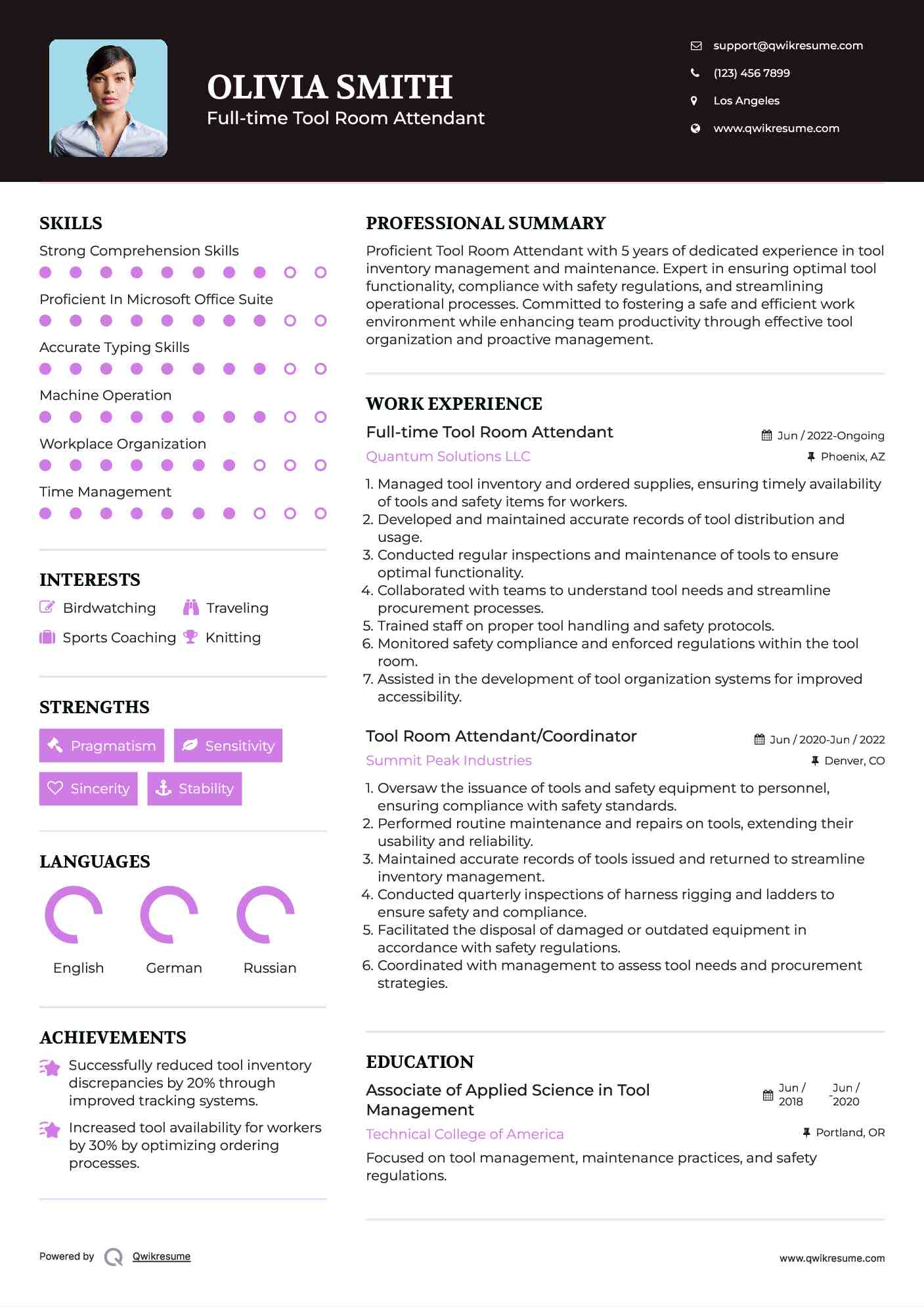 Full-time Tool Room Attendant Resume Sample
