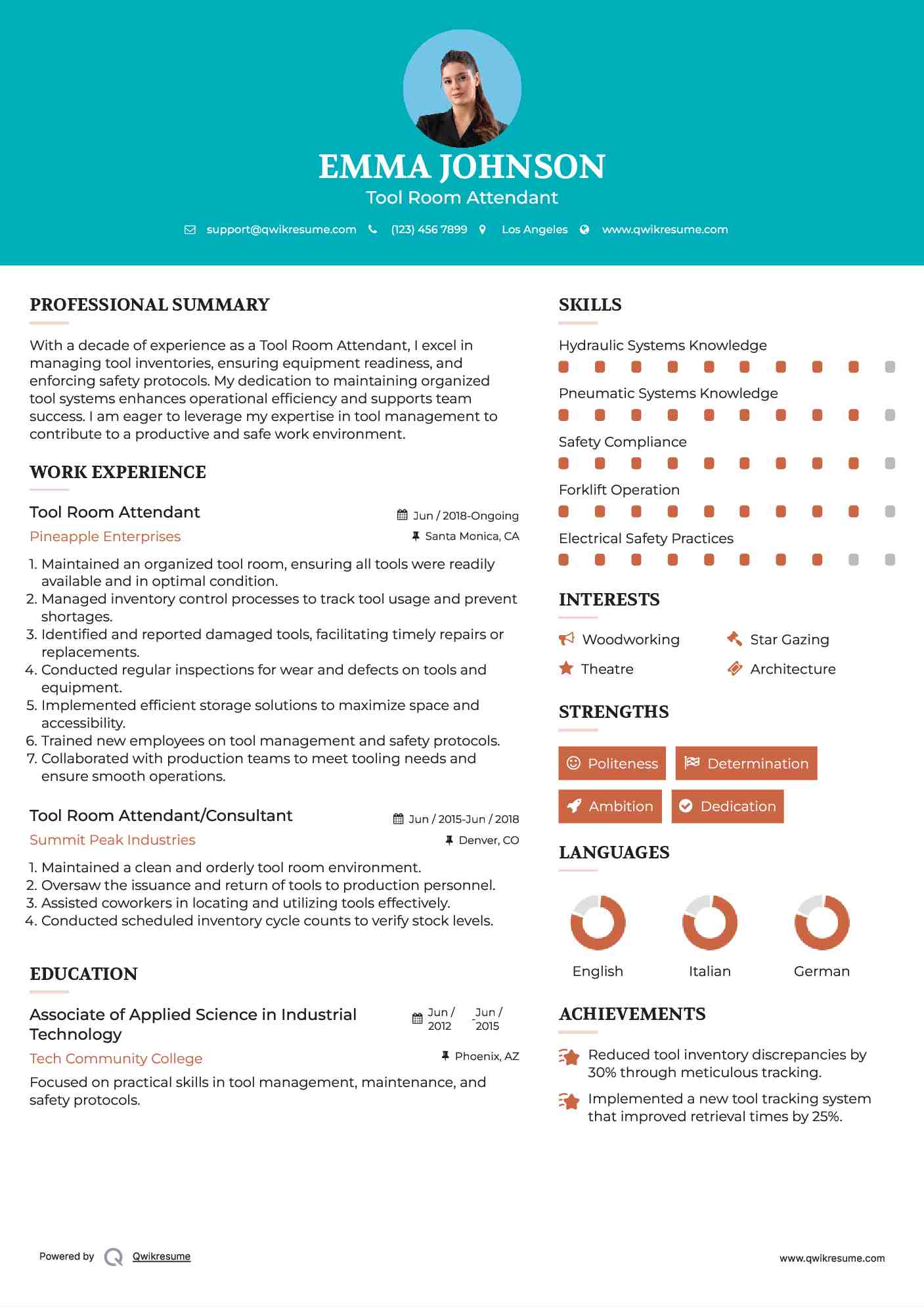 Tool Room Attendant Resume Example