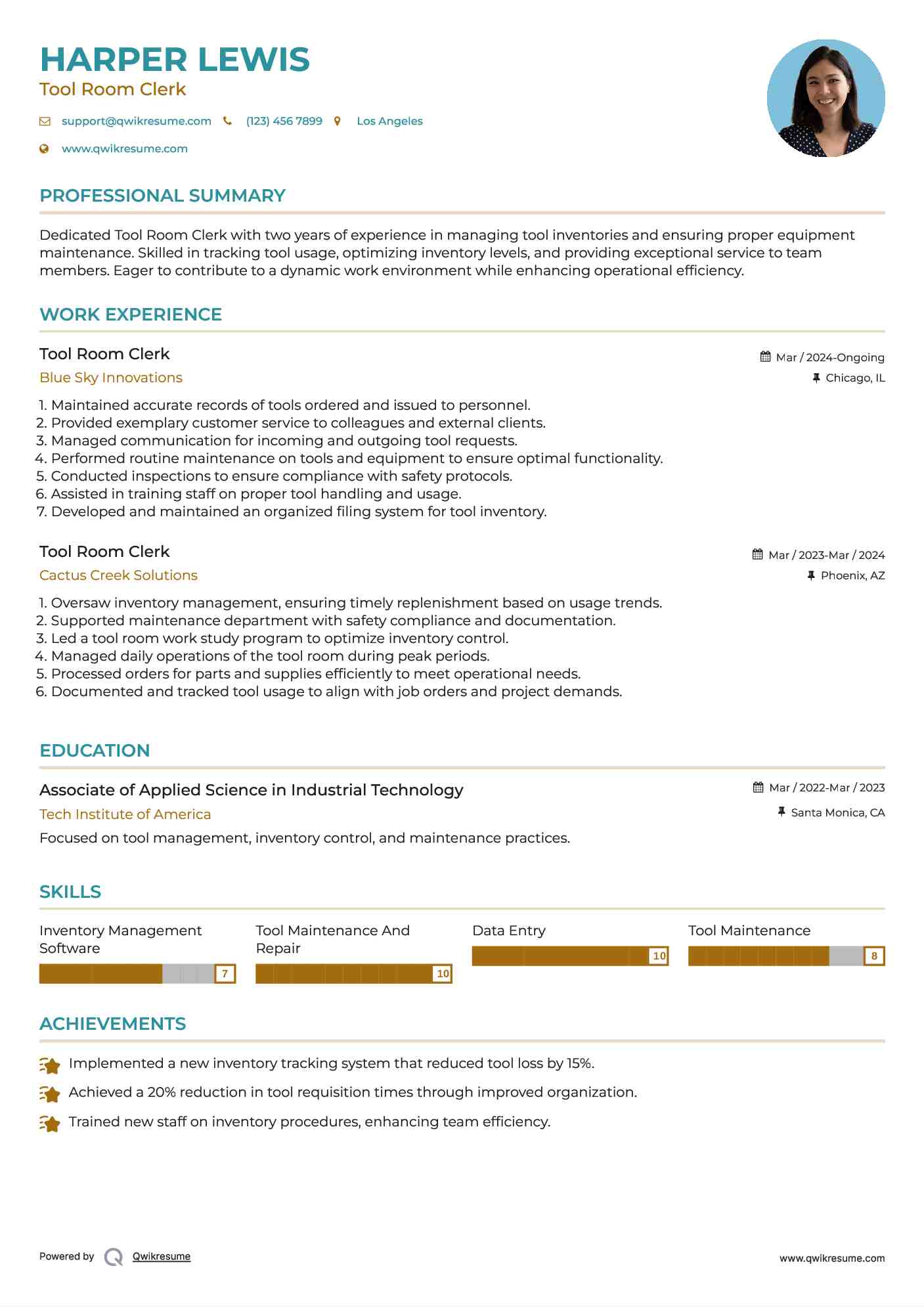 Tool Room Clerk Resume Sample