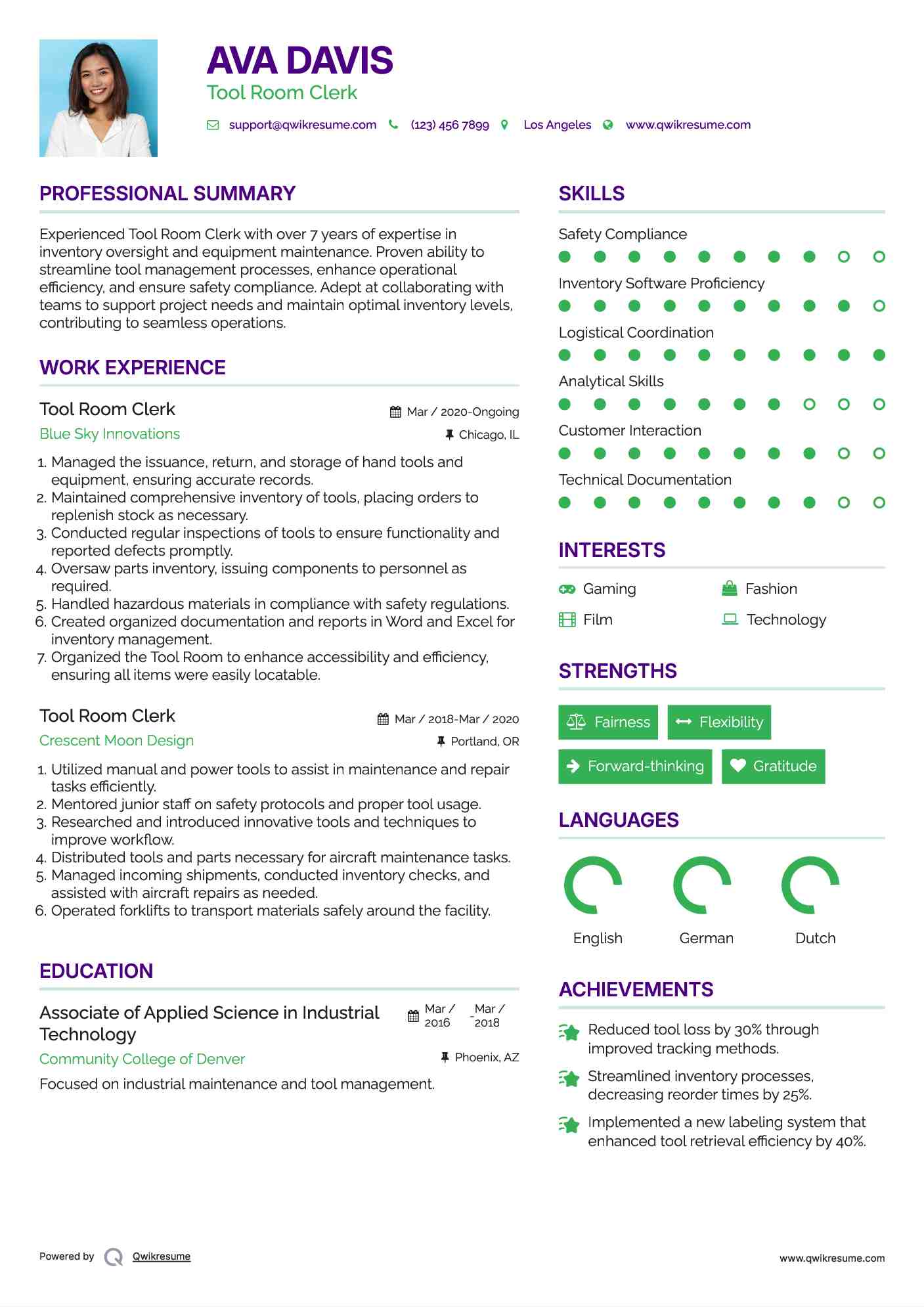 Tool Room Clerk Resume Format