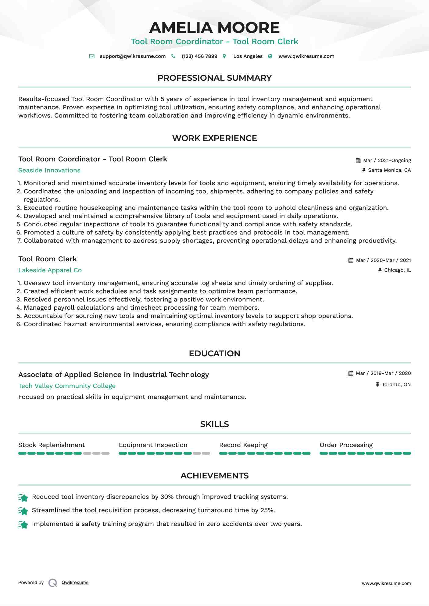 Tool Room Coordinator - Tool Room Clerk Resume Template