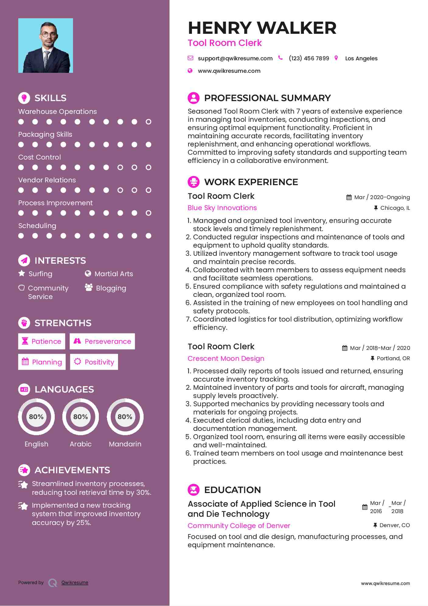 Tool Room Clerk Resume Format