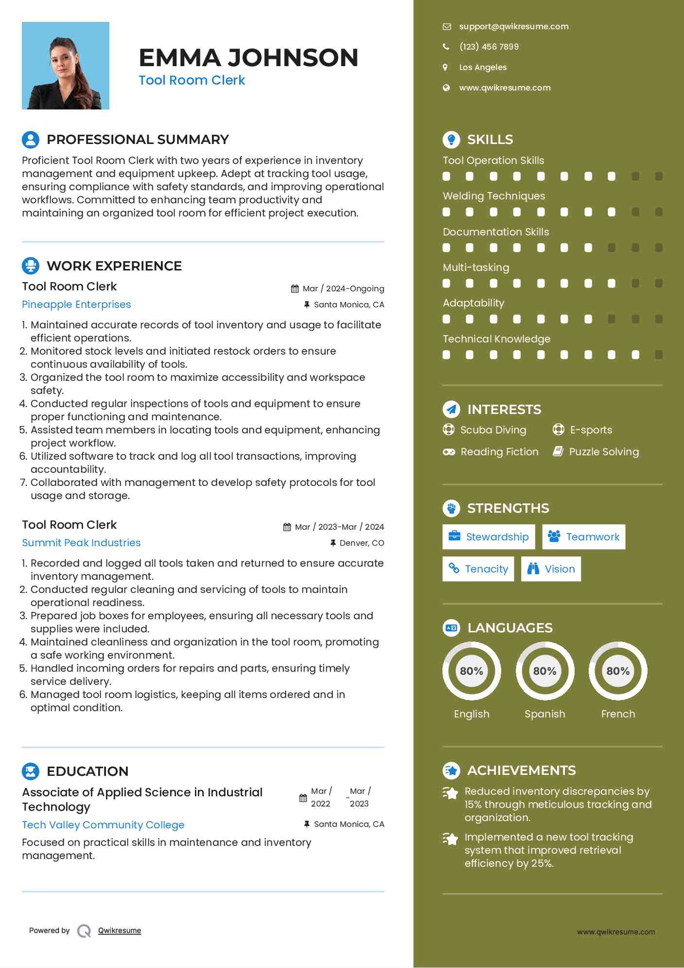 Tool Room Clerk Resume Sample