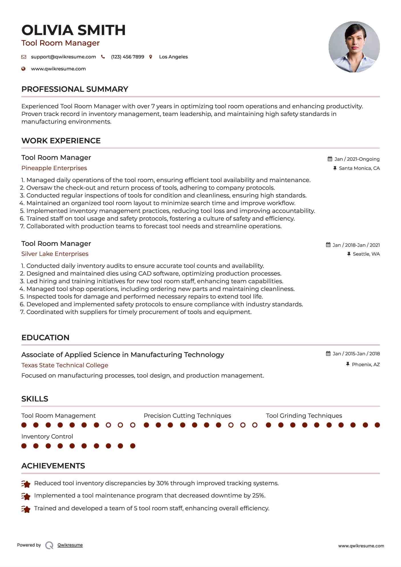 Tool Room Manager Resume Example