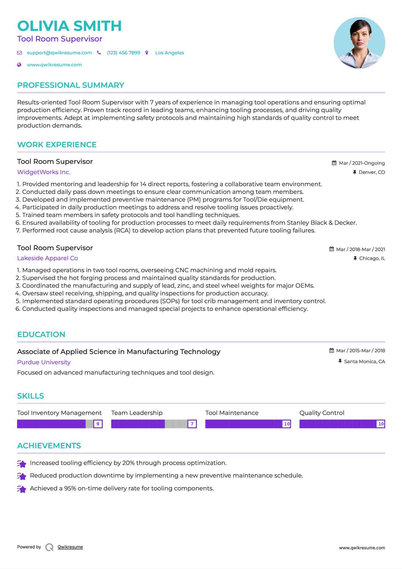Tool Room Supervisor Resume Samples QwikResume