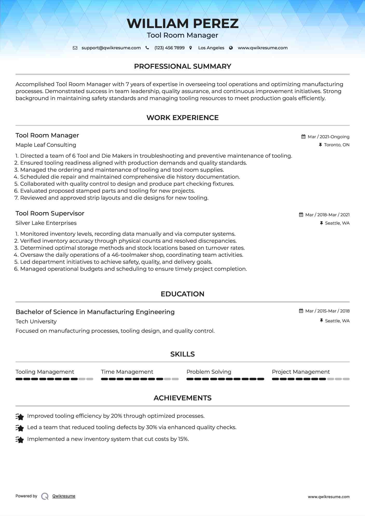 Tool Room Manager Resume Template