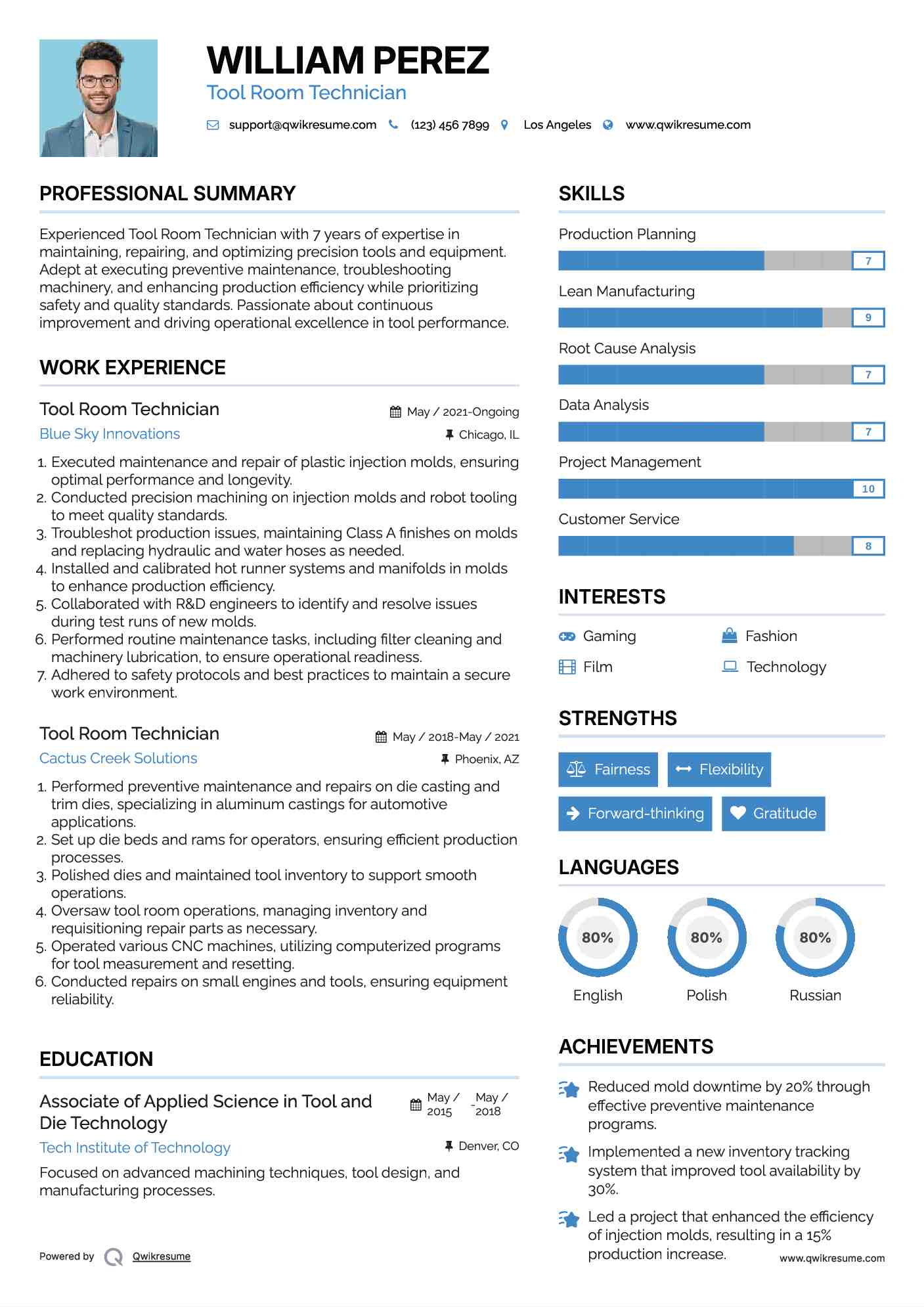 Tool Room Technician Resume Template