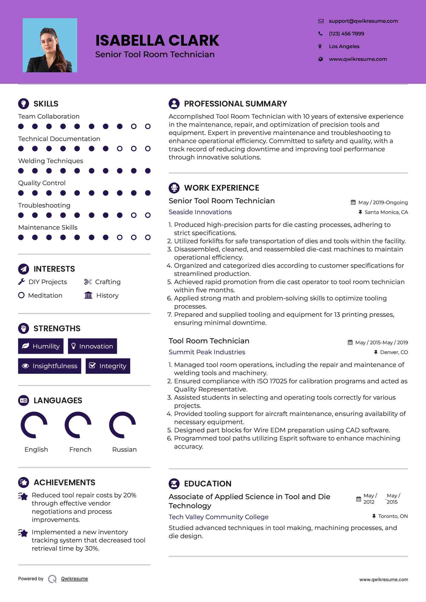 Senior Tool Room Technician Resume Template