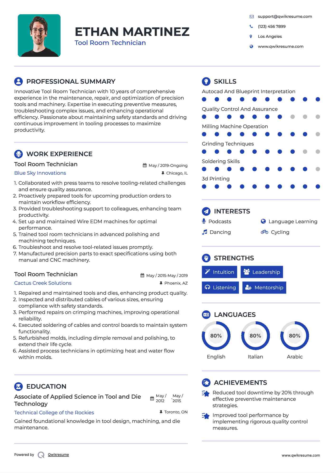 Tool Room Technician Resume Model