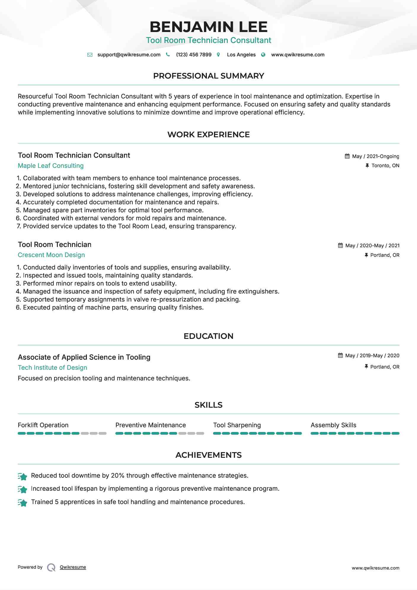 Tool Room Technician Consultant Resume Model