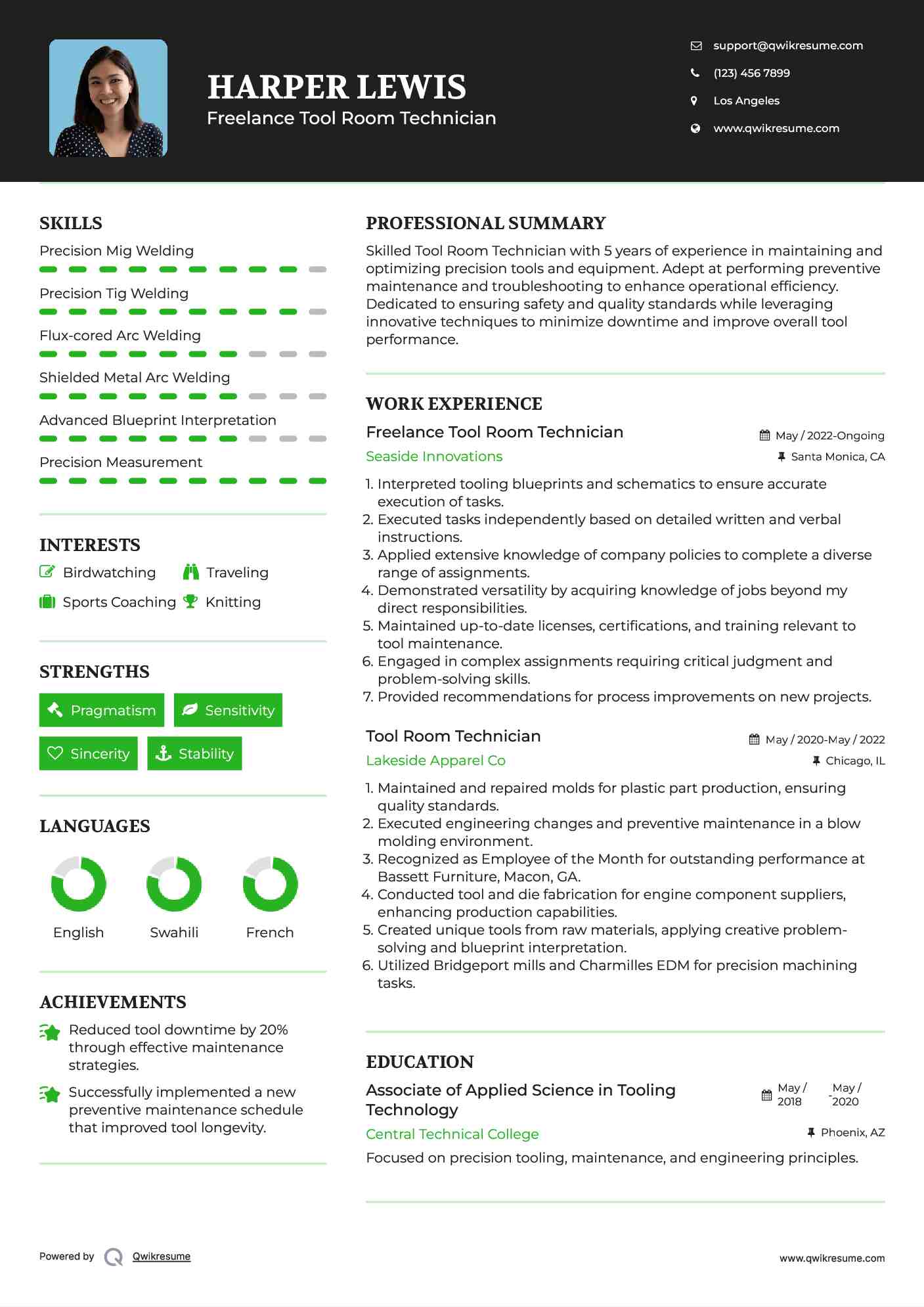 Freelance Tool Room Technician Resume Template