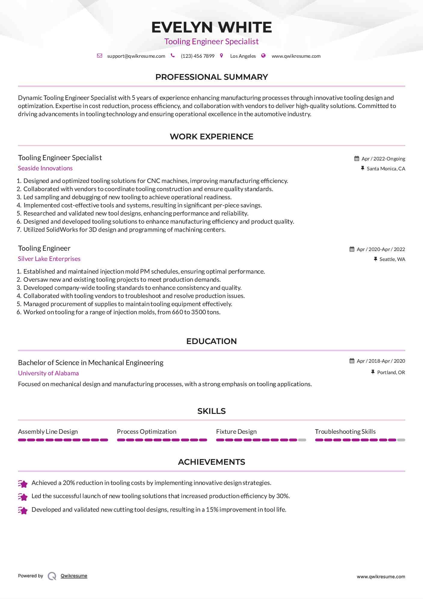 Tooling Engineer Specialist Resume Format