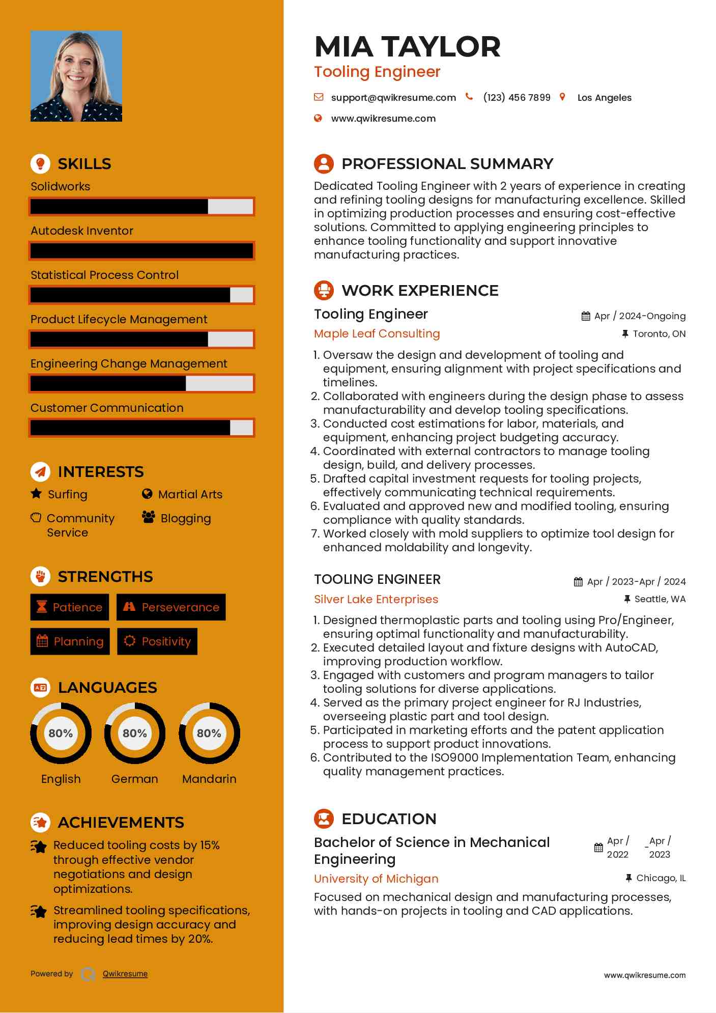 Tooling Engineer Resume Example