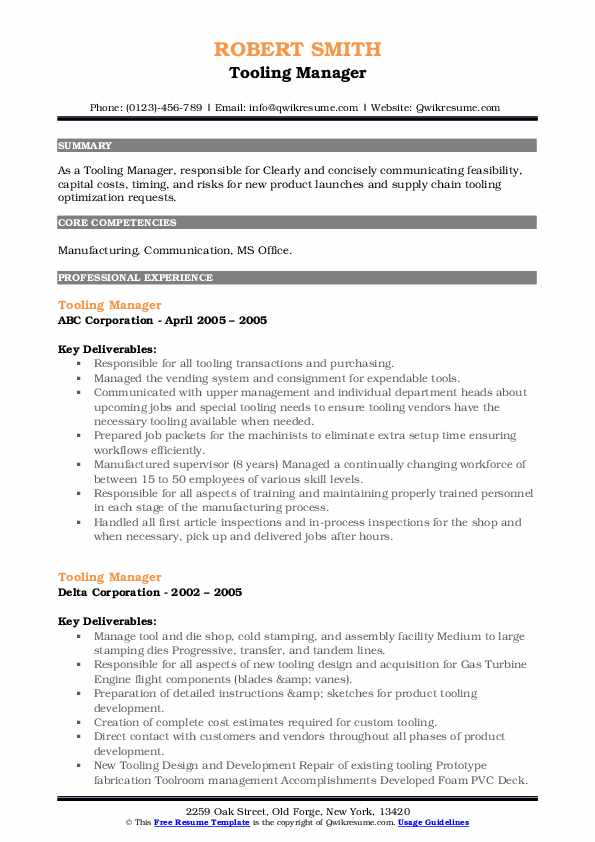 Tooling Manager Resume Samples QwikResume