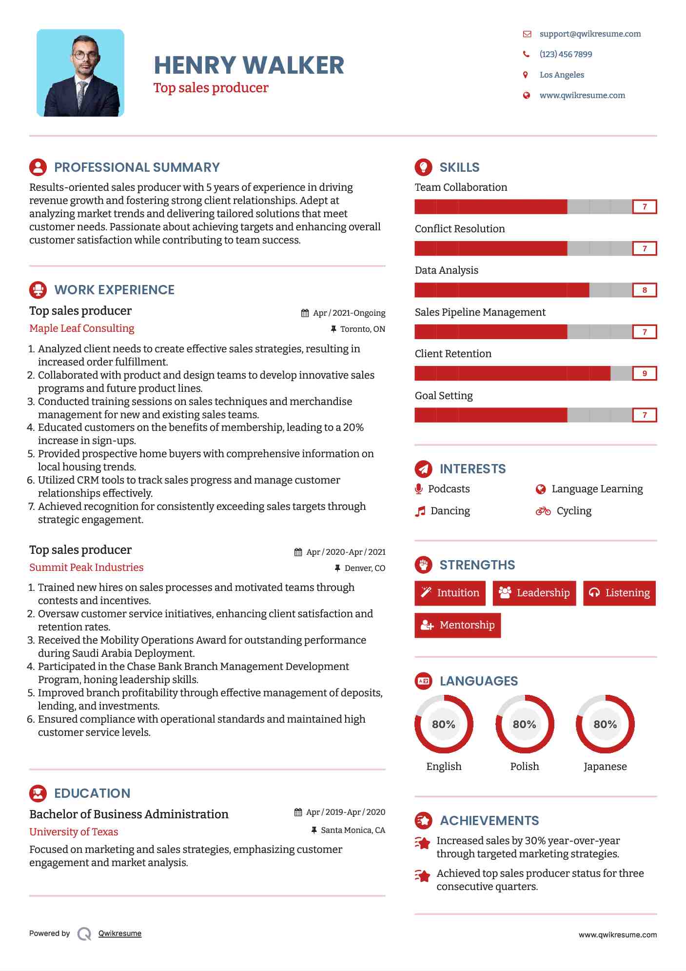 Top sales producer Resume Sample