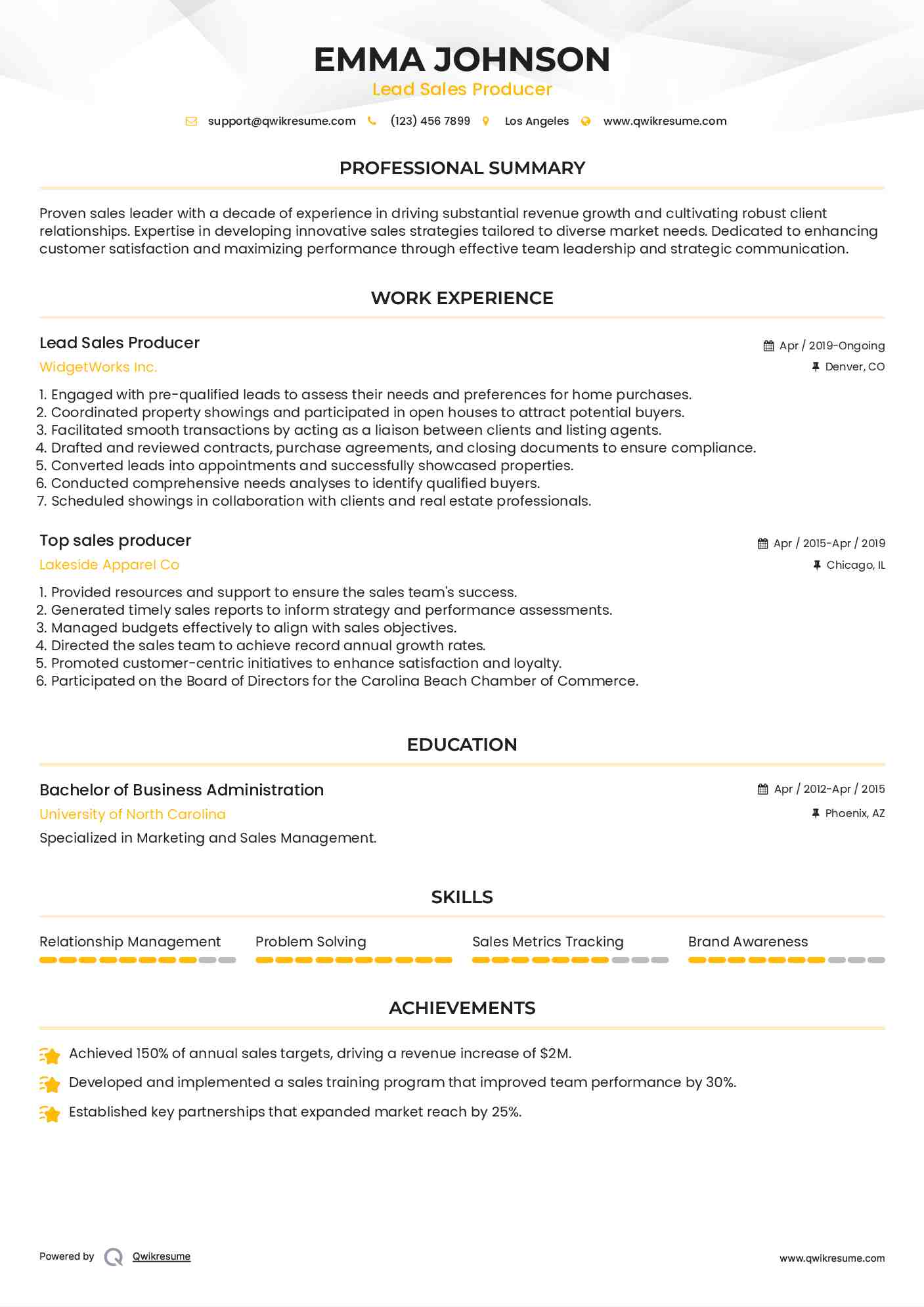 Lead Sales Producer  Resume Template